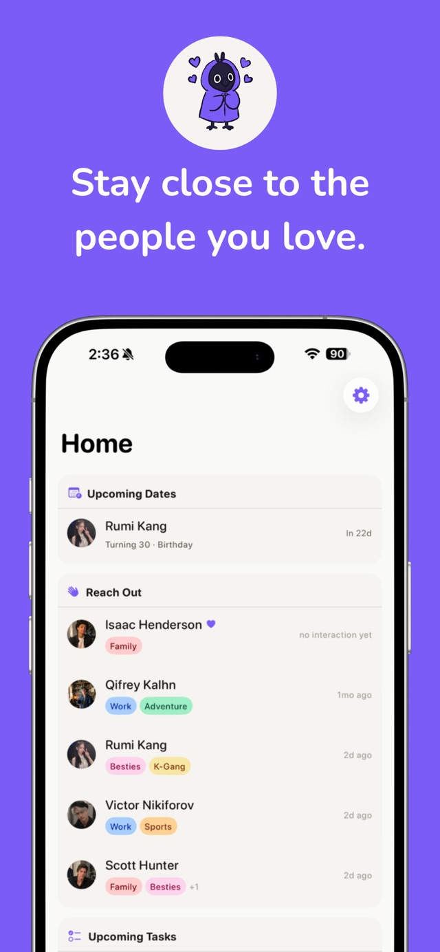 Starlings App Store image showing the Home dashboard with upcoming dates and people to reach out to