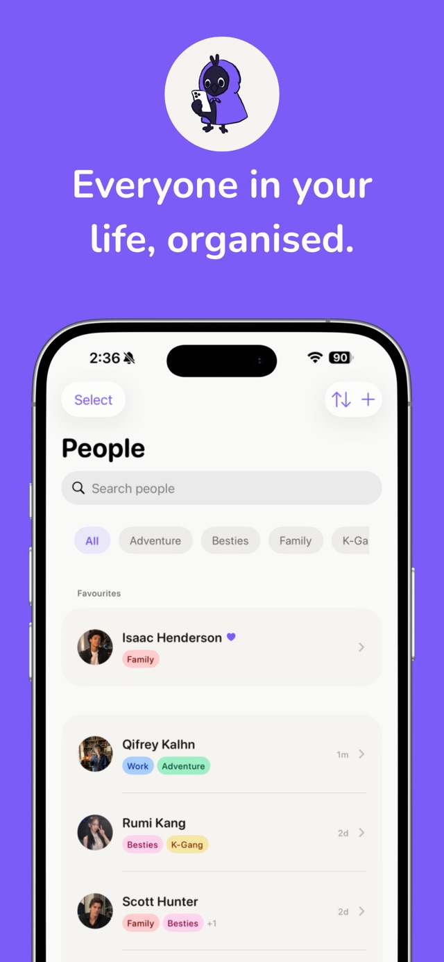 Starlings App Store image showing the People screen, search, groups, and contact list