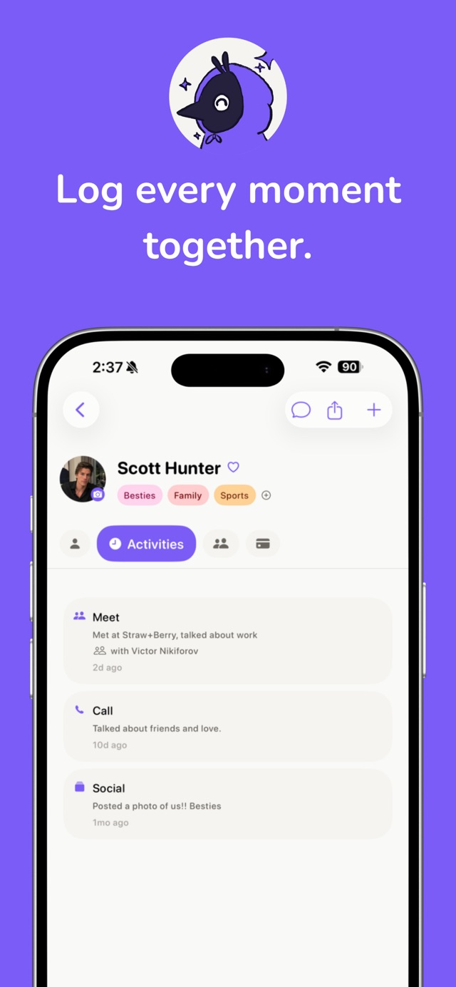 Starlings App Store image showing a person's profile and interaction history